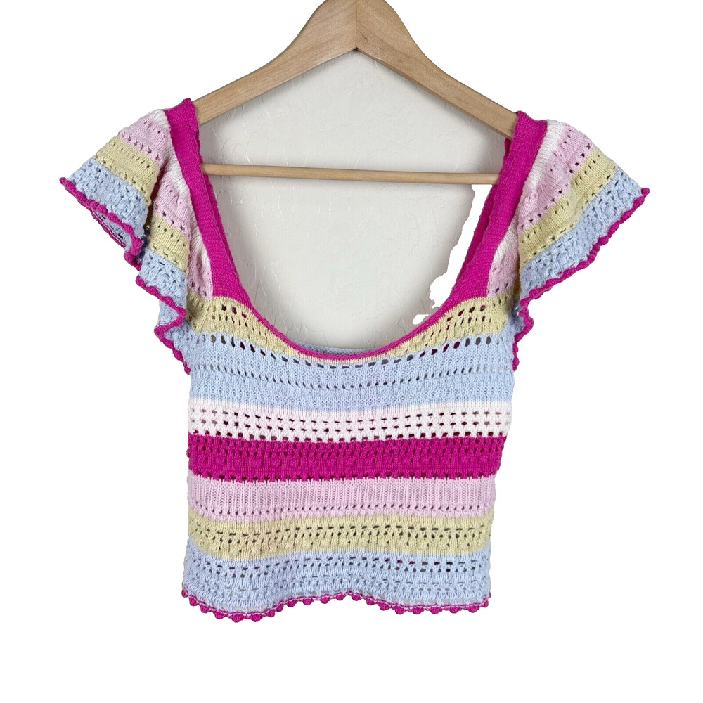 Sincerely Jules Womens Flutter Sleeve Crochet Knit Crop Top Sz XS Y2K Colorful